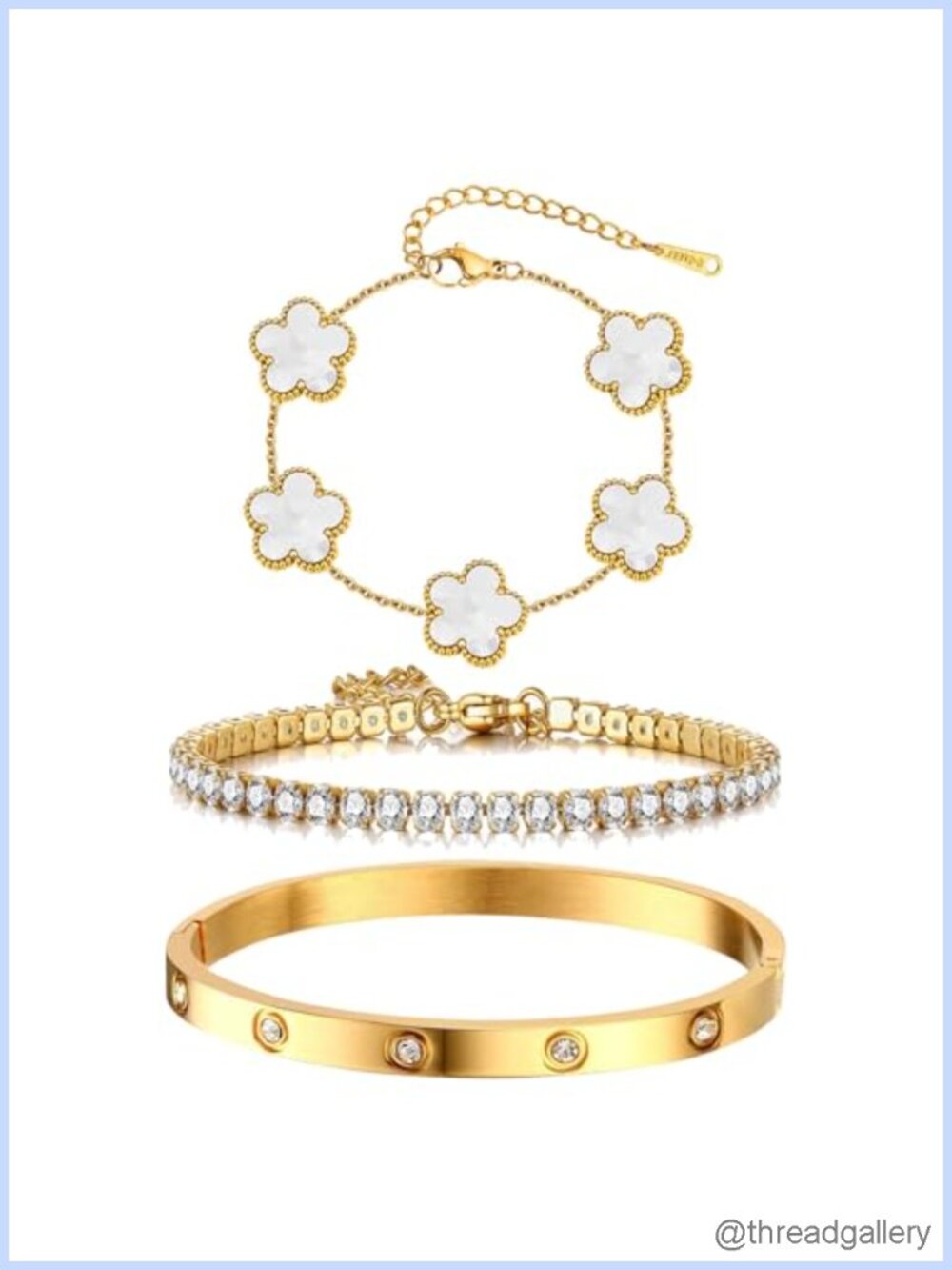 18K Gold Plated Stackable Bracelet Set 3PCS Bangle Tennis Chain Clover